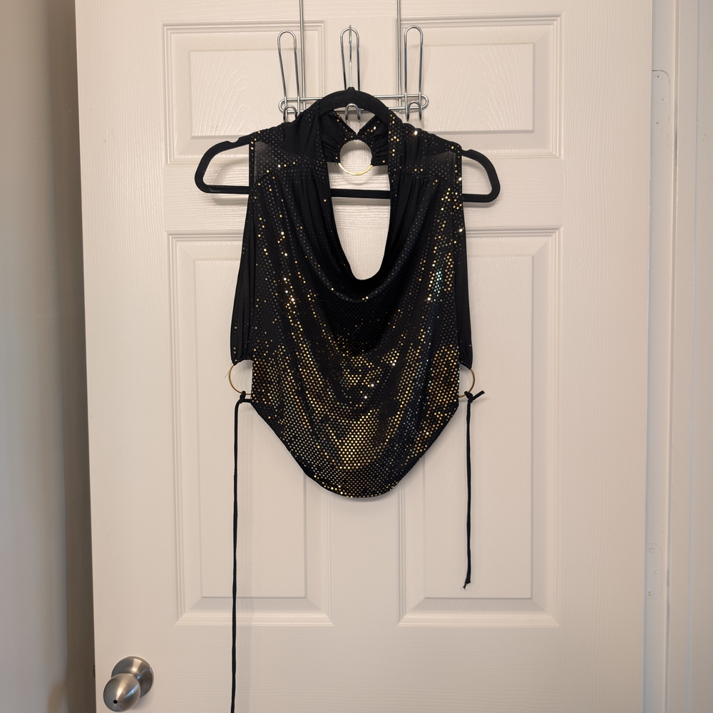 Black and Gold Sequin Backless Halter Top